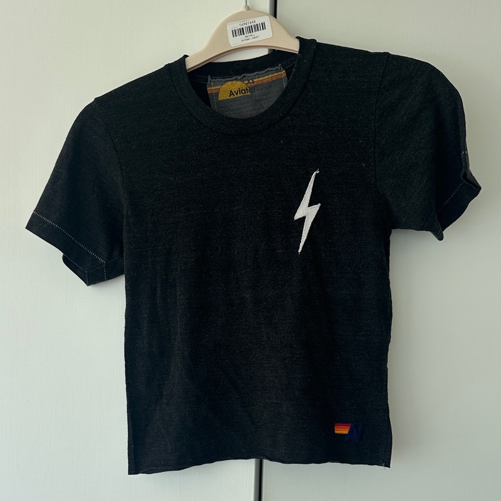 Aviator Nation Cropped Black T-Shirt with Lightning Bolt